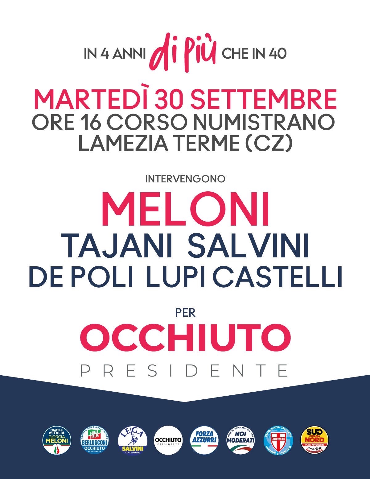 Chiusura della campagna elettorale, Meloni a Lamezia Terme il 30 settembre